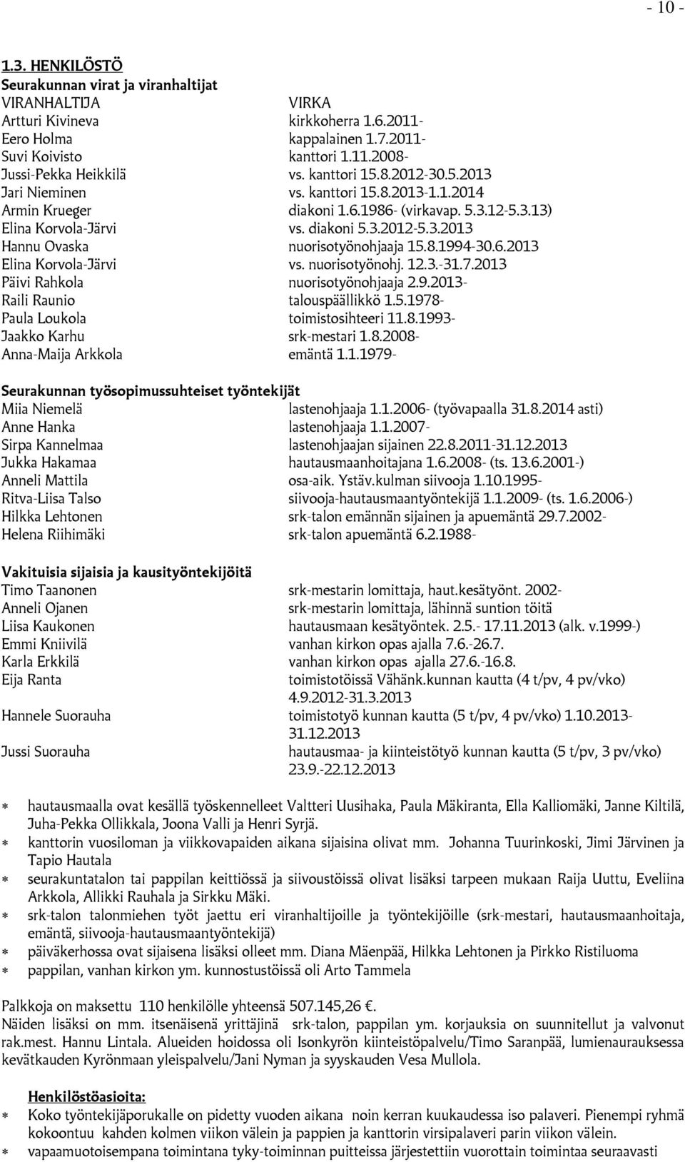 8.1994-30.6.2013 Elina Korvola-Järvi vs. nuorisotyönohj. 12.3.-31.7.2013 Päivi Rahkola nuorisotyönohjaaja 2.9.2013- Raili Raunio talouspäällikkö 1.5.1978- Paula Loukola toimistosihteeri 11.8.1993- Jaakko Karhu srk-mestari 1.