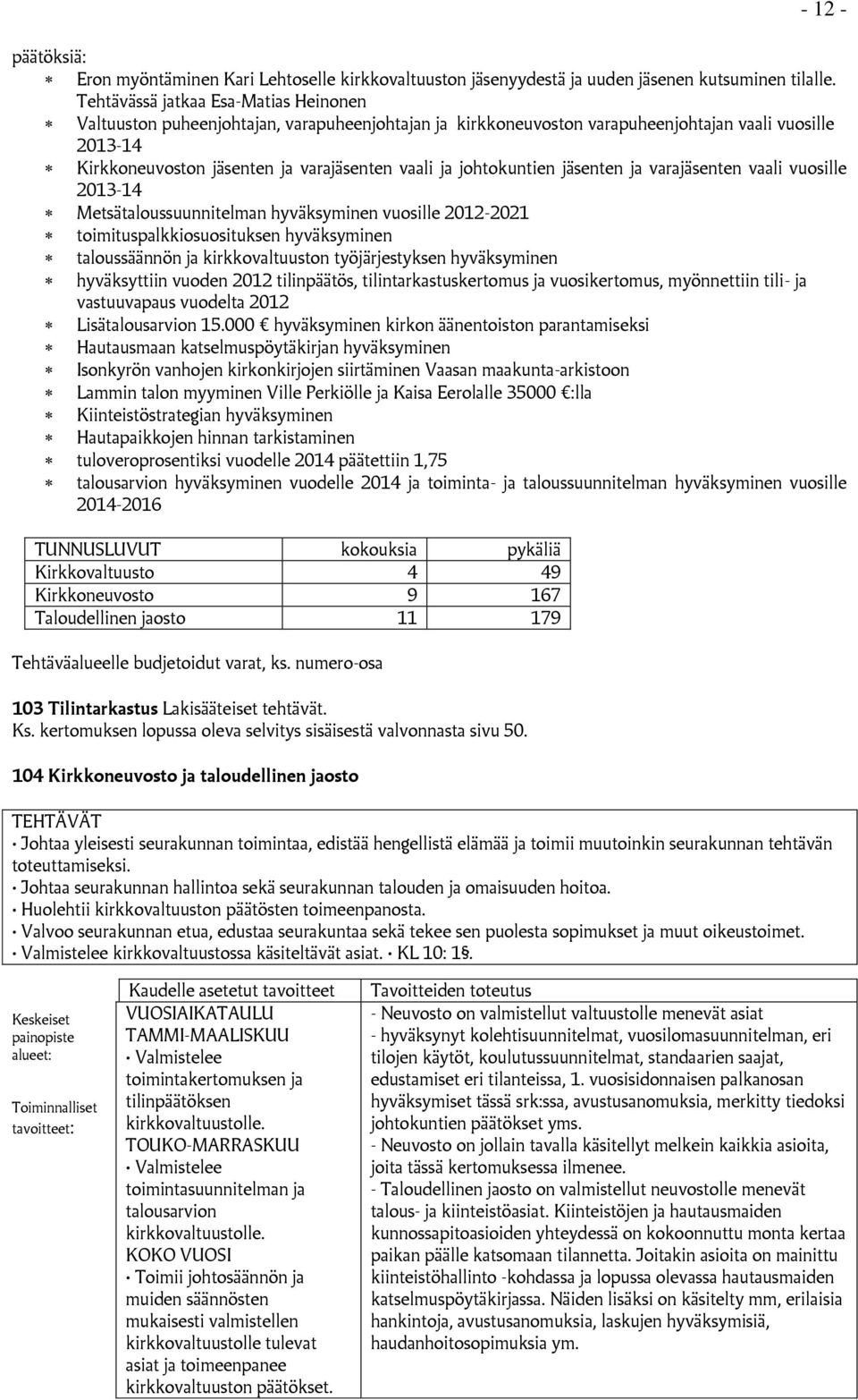 johtokuntien jäsenten ja varajäsenten vaali vuosille 2013-14 Metsätaloussuunnitelman hyväksyminen vuosille 2012-2021 toimituspalkkiosuosituksen hyväksyminen taloussäännön ja kirkkovaltuuston