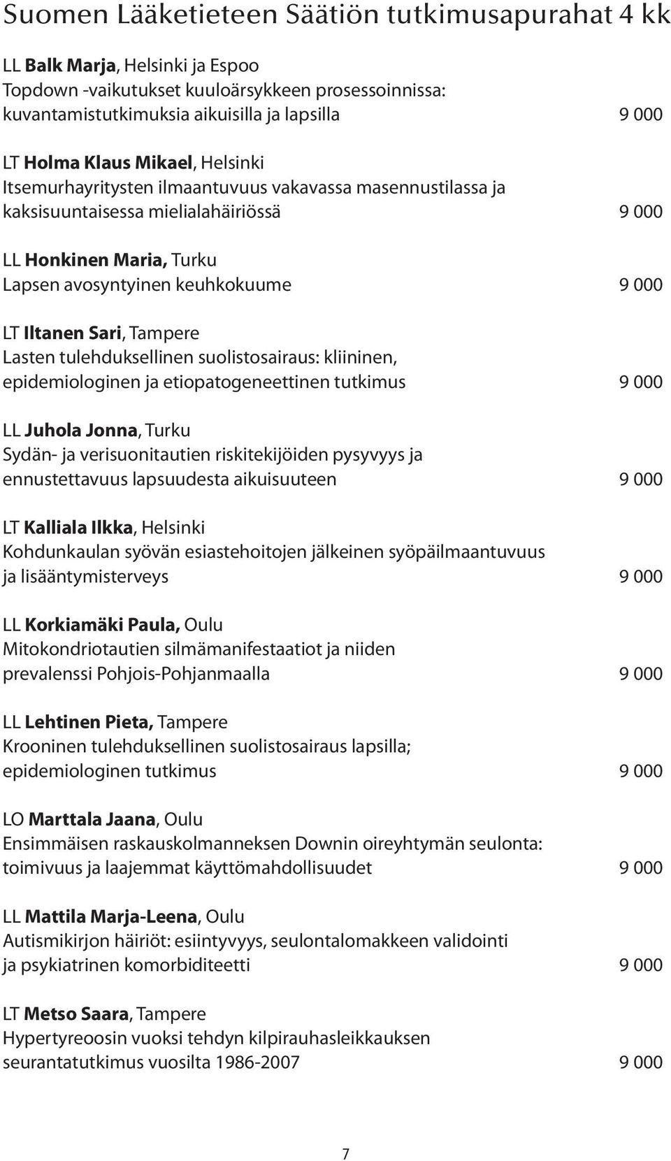 Sari, Tampere Lasten tulehduksellinen suolistosairaus: kliininen, epidemiologinen ja etiopatogeneettinen tutkimus 9 000 LL Juhola Jonna, Turku Sydän- ja verisuonitautien riskitekijöiden pysyvyys ja