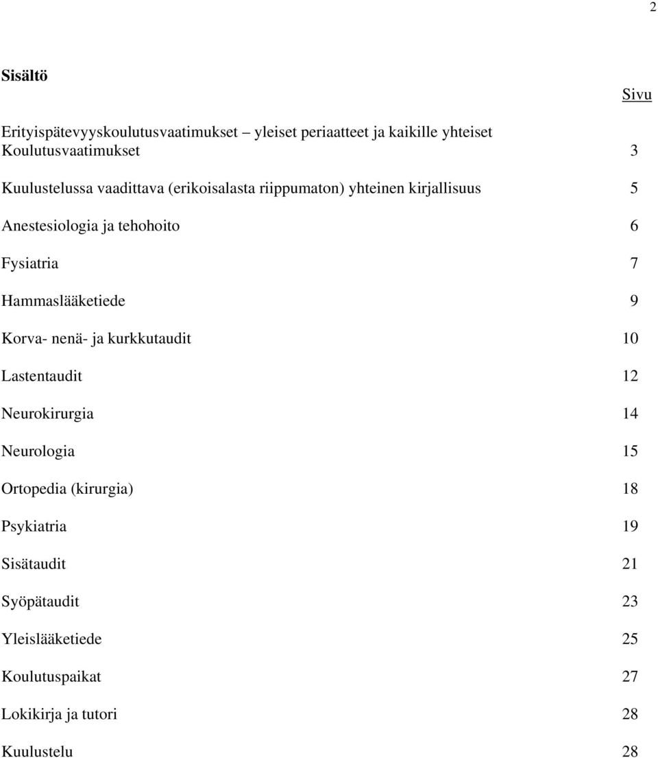 7 Hammaslääketiede 9 Korva- nenä- ja kurkkutaudit 10 Lastentaudit 12 Neurokirurgia 14 Neurologia 15 Ortopedia