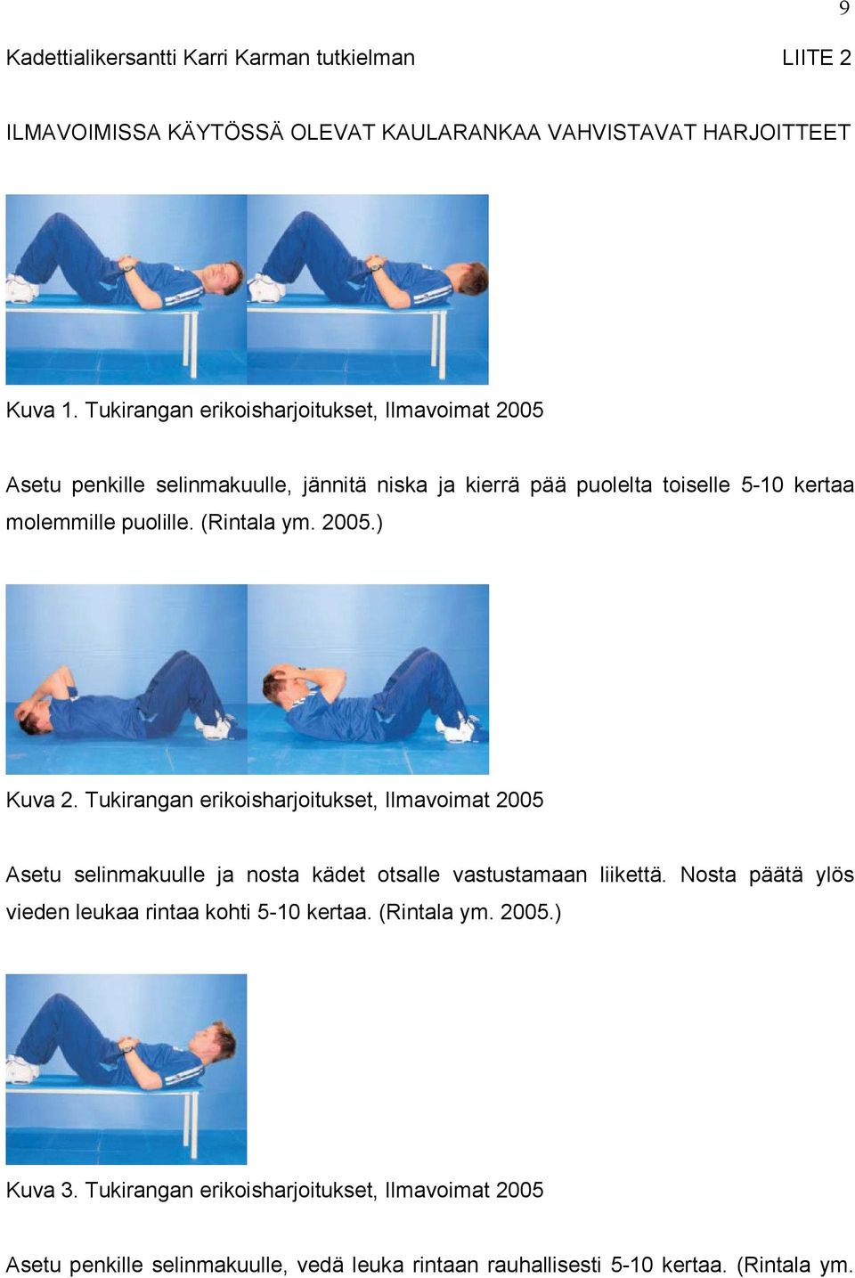 (Rintala ym. 2005.) Kuva 2. Tukirangan erikoisharjoitukset, Ilmavoimat 2005 Asetu selinmakuulle ja nosta kädet otsalle vastustamaan liikettä.