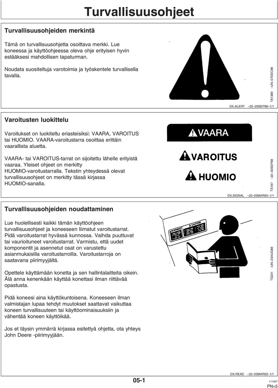 T81389 UN 07DEC88 DX,ALERT 22 29SEP98 1/1 Varoitusten luokittelu Varoitukset on luokiteltu eriasteisiksi: VAARA, VAROITUS tai HUOMIO. VAARA-varoitustarra osoittaa erittäin vaarallista aluetta.