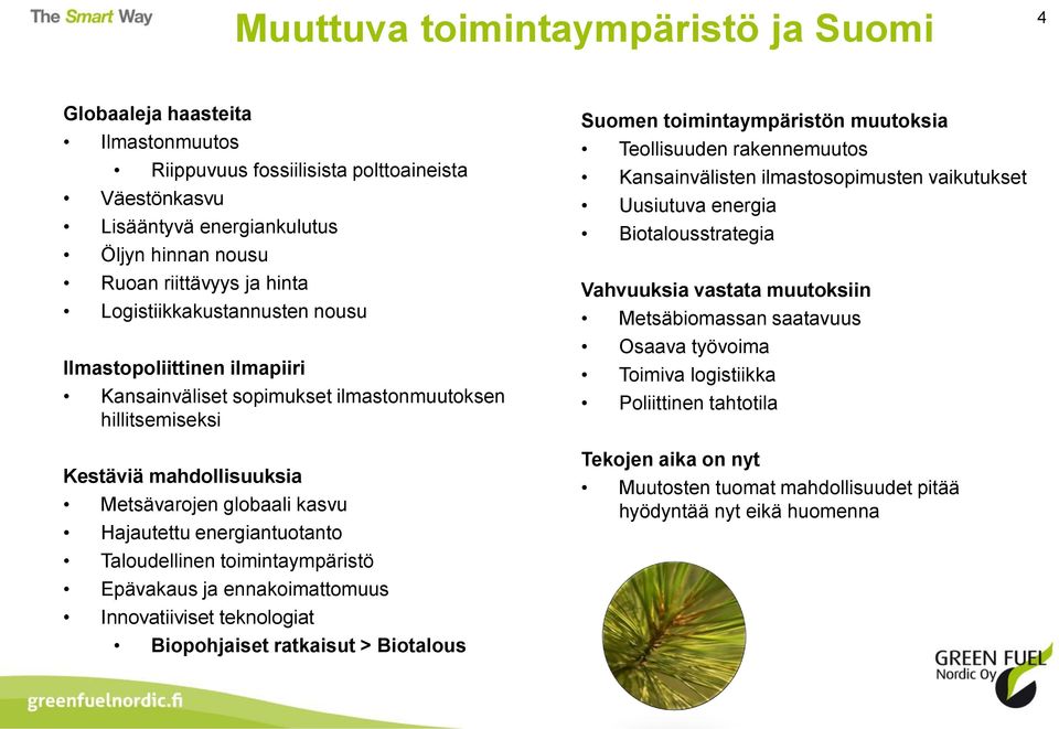 Taloudellinen toimintaympäristö Epävakaus ja ennakoimattomuus Innovatiiviset teknologiat Biopohjaiset ratkaisut > Biotalous Suomen toimintaympäristön muutoksia Teollisuuden rakennemuutos