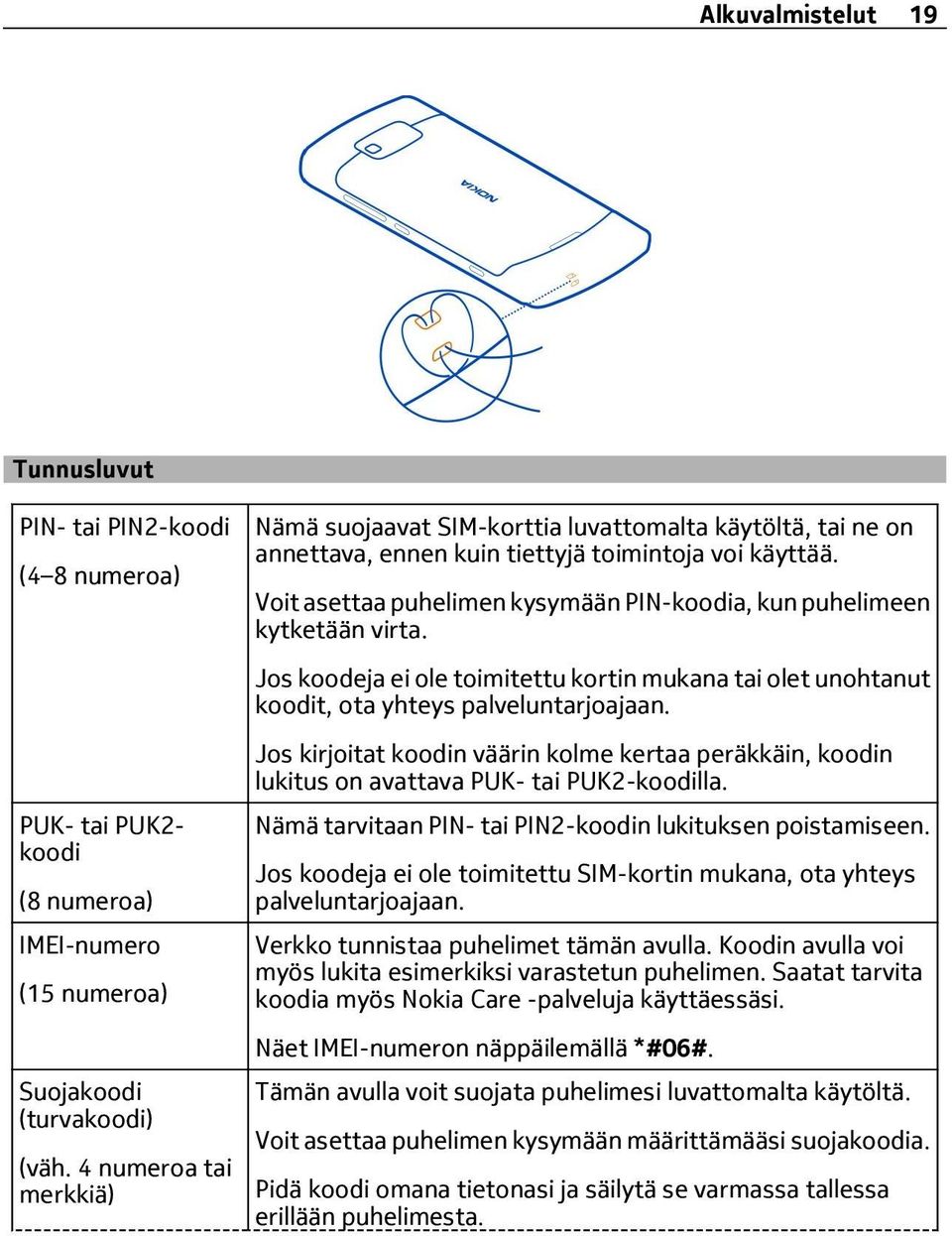 Voit asettaa puhelimen kysymään PIN-koodia, kun puhelimeen kytketään virta. Jos koodeja ei ole toimitettu kortin mukana tai olet unohtanut koodit, ota yhteys palveluntarjoajaan.