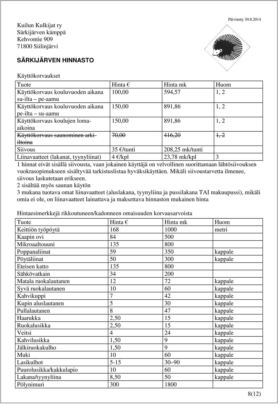 2014 SÄRKIJÄRVEN HINNASTO Käyttökorvaukset Tuote Hinta Hinta mk Huom Käyttökorvaus kouluvuoden aikana 100,00 594,57 1, 2 su-ilta pe-aamu Käyttökorvaus kouluvuoden aikana 150,00 891,86 1, 2 pe-ilta