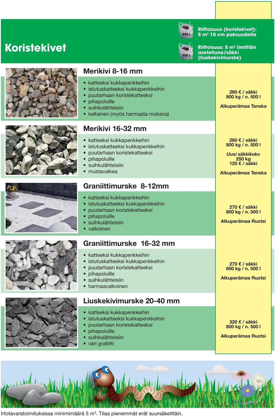 500 l Alkuperämaa Tanska Merikivi 16-32 mm istutuskatteeksi kukkapenkkeihin puutarhaan koristekatteeksi pihapoluille suihkulähteisiin mustavalkea 260 / säkki 800 kg / n.