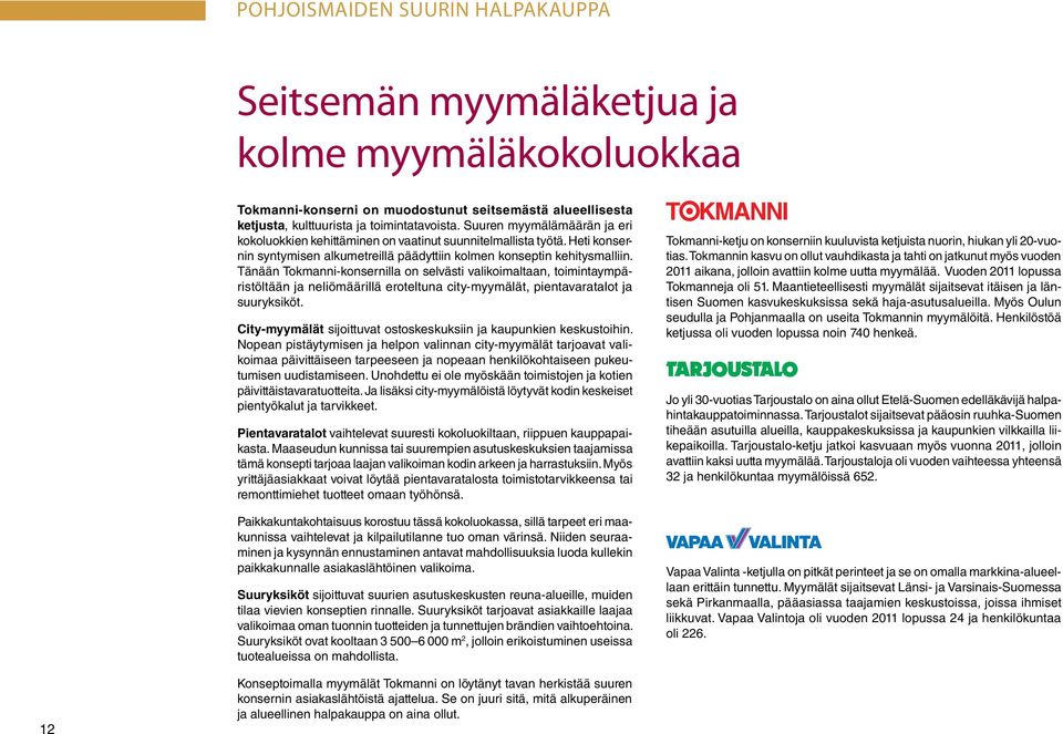 Tänään Tokmanni-konsernilla on selvästi valikoimaltaan, toimintaympäristöltään ja neliömäärillä eroteltuna city-myymälät, pientavaratalot ja suuryksiköt.