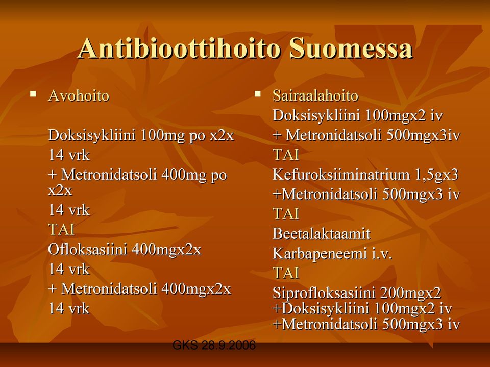 100mgx2 iv + Metronidatsoli 500mgx3iv TAI Kefuroksiiminatrium 1,5gx3 +Metronidatsoli 500mgx3 iv TAI