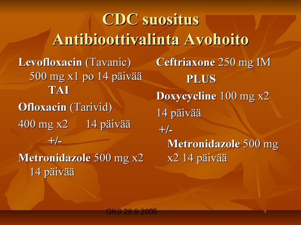 +/- Metronidazole 500 mg x2 14 päivää Ceftriaxone 250 mg IM PLUS