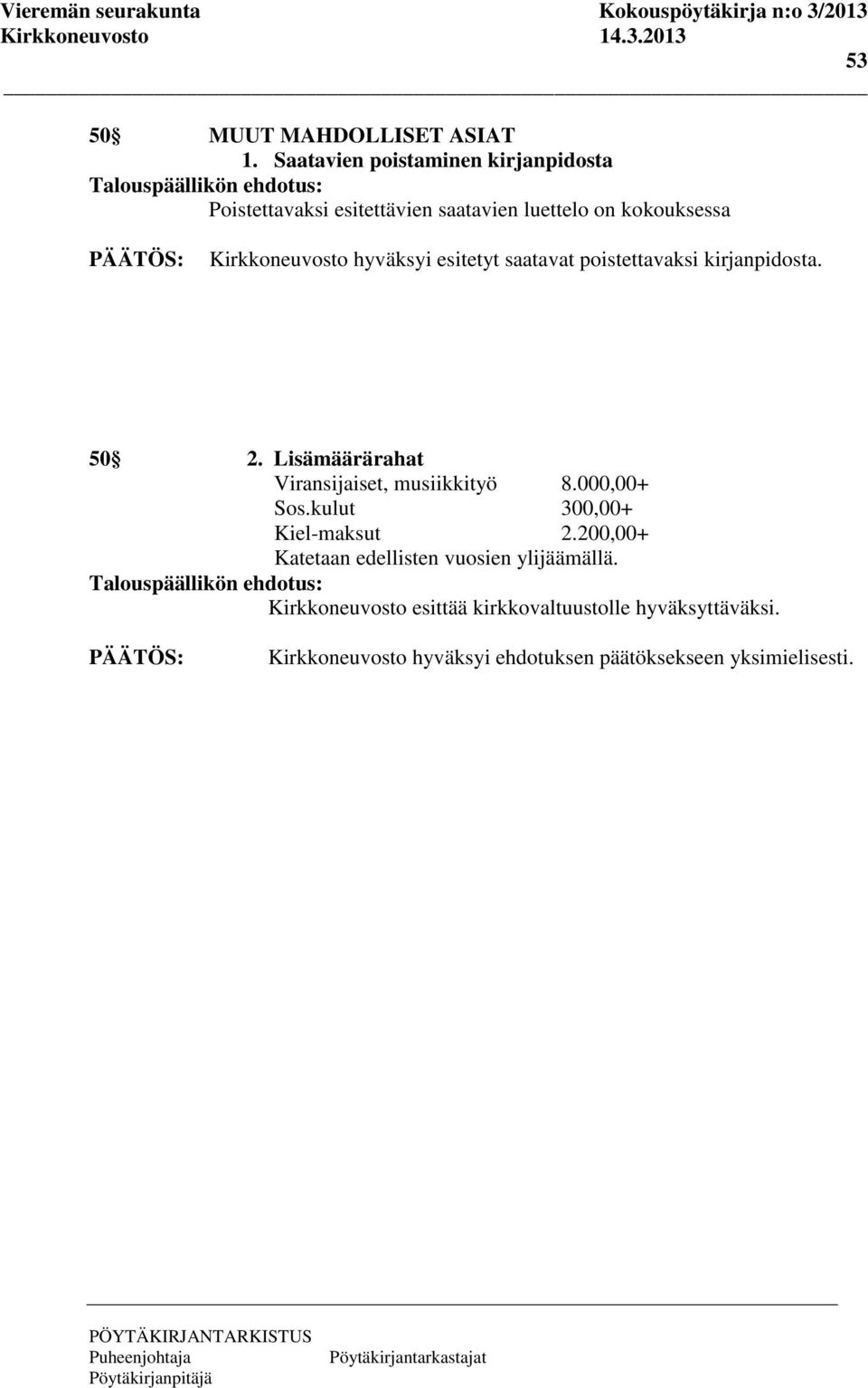 esitetyt saatavat poistettavaksi kirjanpidosta. 50 2. Lisämäärärahat Viransijaiset, musiikkityö 8.