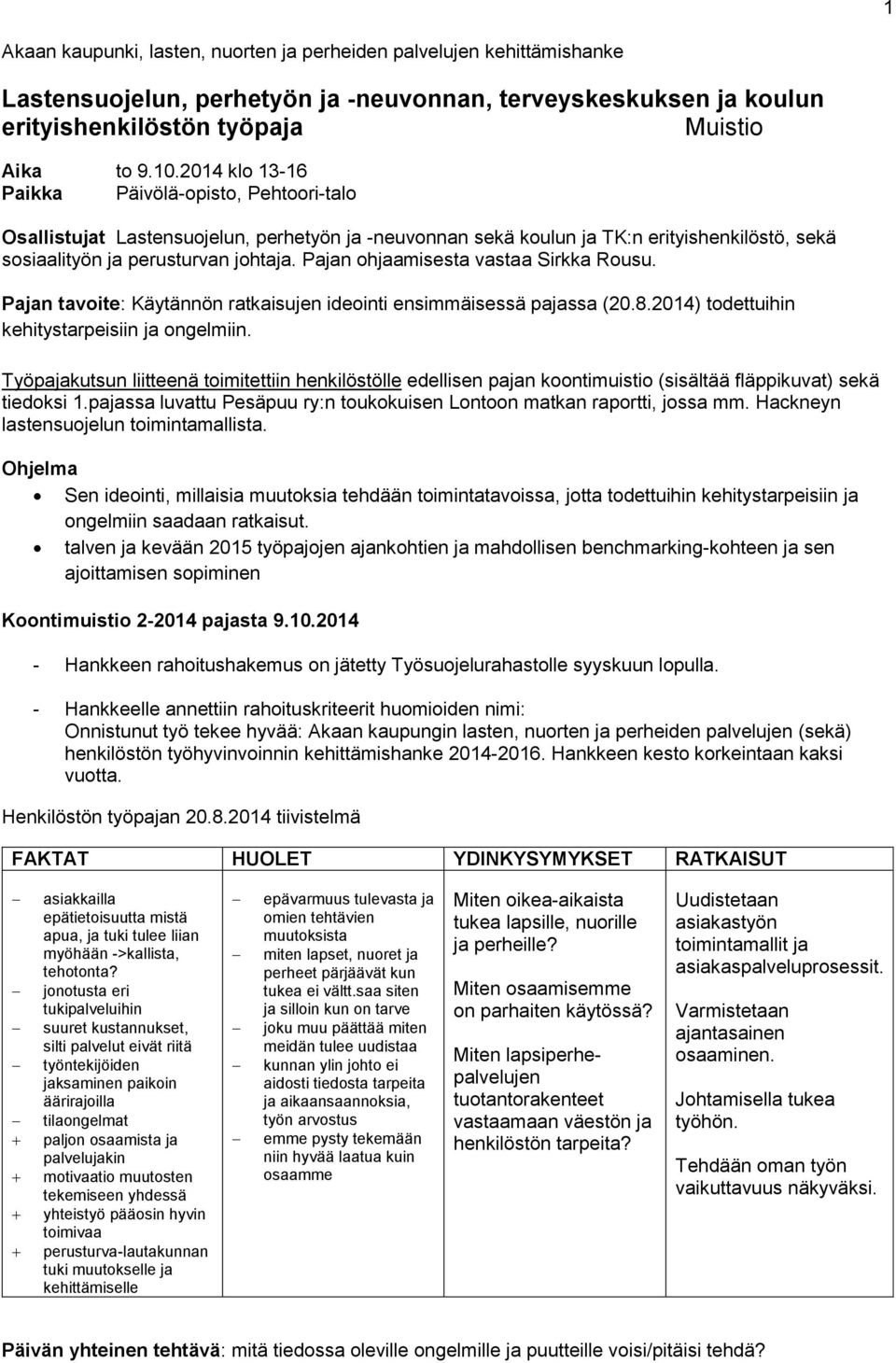 Pajan ohjaamisesta vastaa Sirkka Rousu. Pajan tavoite: Käytännön ratkaisujen ideointi ensimmäisessä pajassa (20.8.2014) todettuihin kehitystarpeisiin ja ongelmiin.