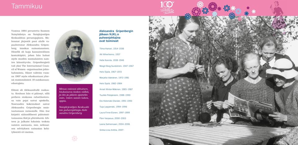 Tilma Hainari, 1914 1936 Hänellä oli laaja kansainvälinen Alli Wiherheimo, 1937 kontaktipiiri, johon hän halusi myös muiden suomalaisten nais- Helle Kannila, 1938 1946 ten kiinnittyvän.