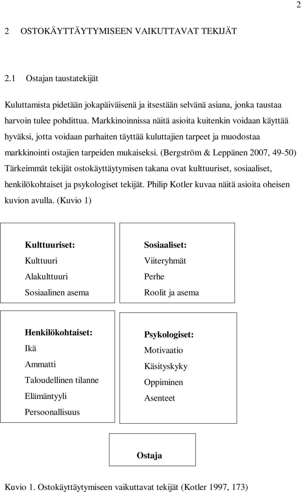 (Bergström & Leppänen 2007, 49-50) Tärkeimmät tekijät ostokäyttäytymisen takana ovat kulttuuriset, sosiaaliset, henkilökohtaiset ja psykologiset tekijät.