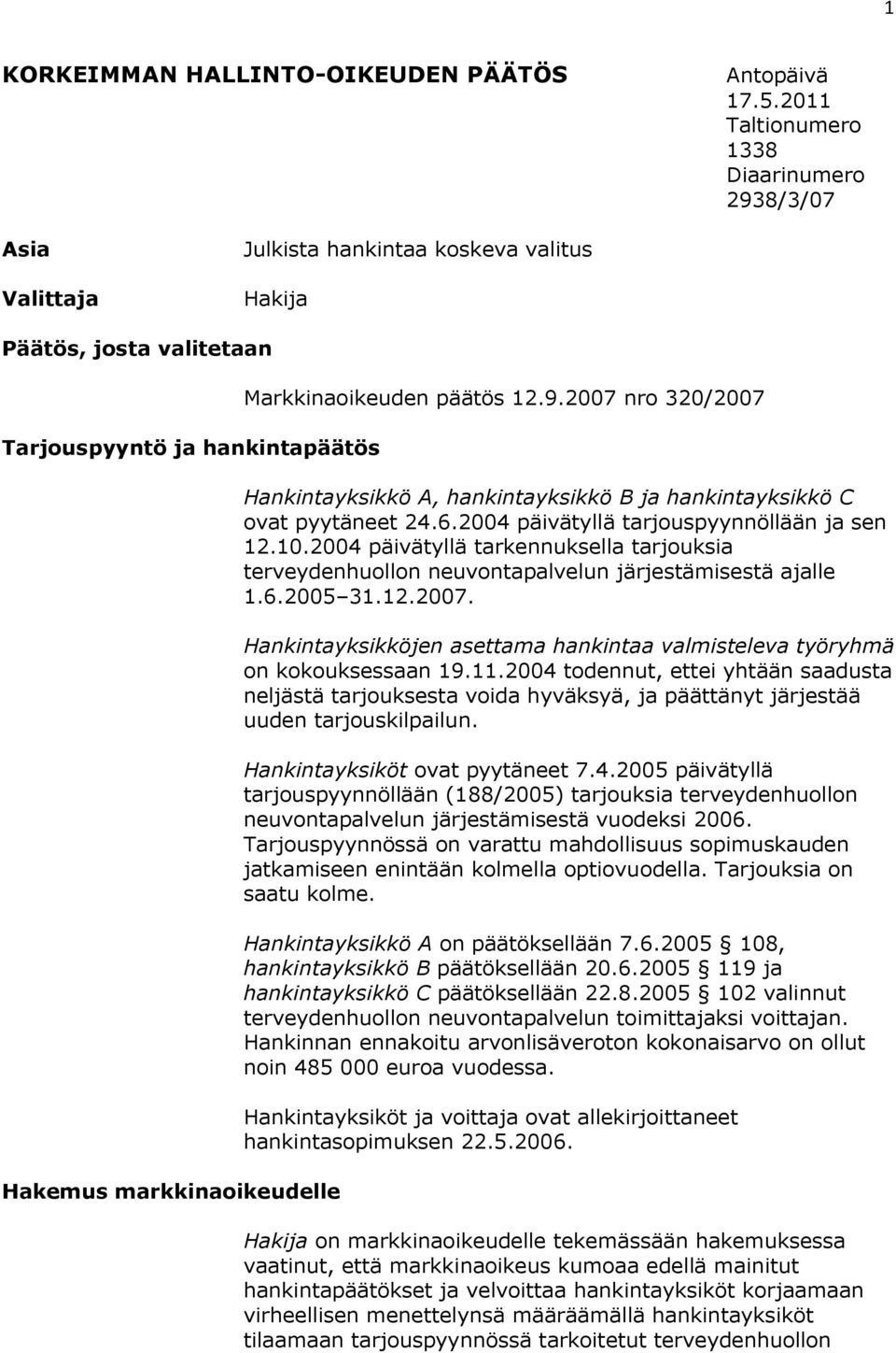 Markkinaoikeuden päätös 12.9.2007 nro 320/2007 Hankintayksikkö A, hankintayksikkö B ja hankintayksikkö C ovat pyytäneet 24.6.2004 päivätyllä tarjouspyynnöllään ja sen 12.10.