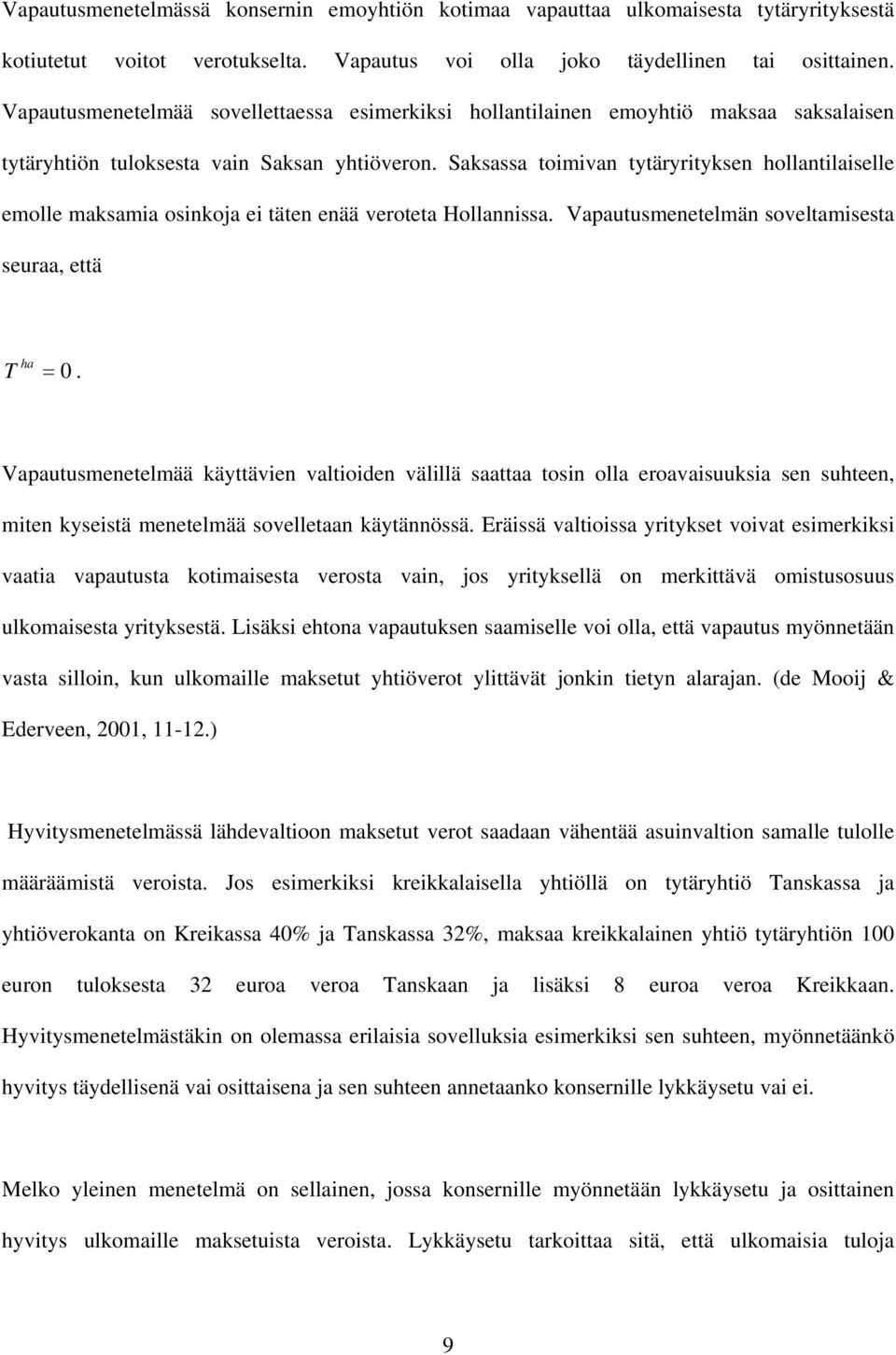 Saksassa tomvan tytäryrtyksen hollantlaselle emolle maksama osnkoja e täten enää veroteta Hollannssa. Vapautusmenetelmän soveltamsesta seuraa, että ha T = 0.