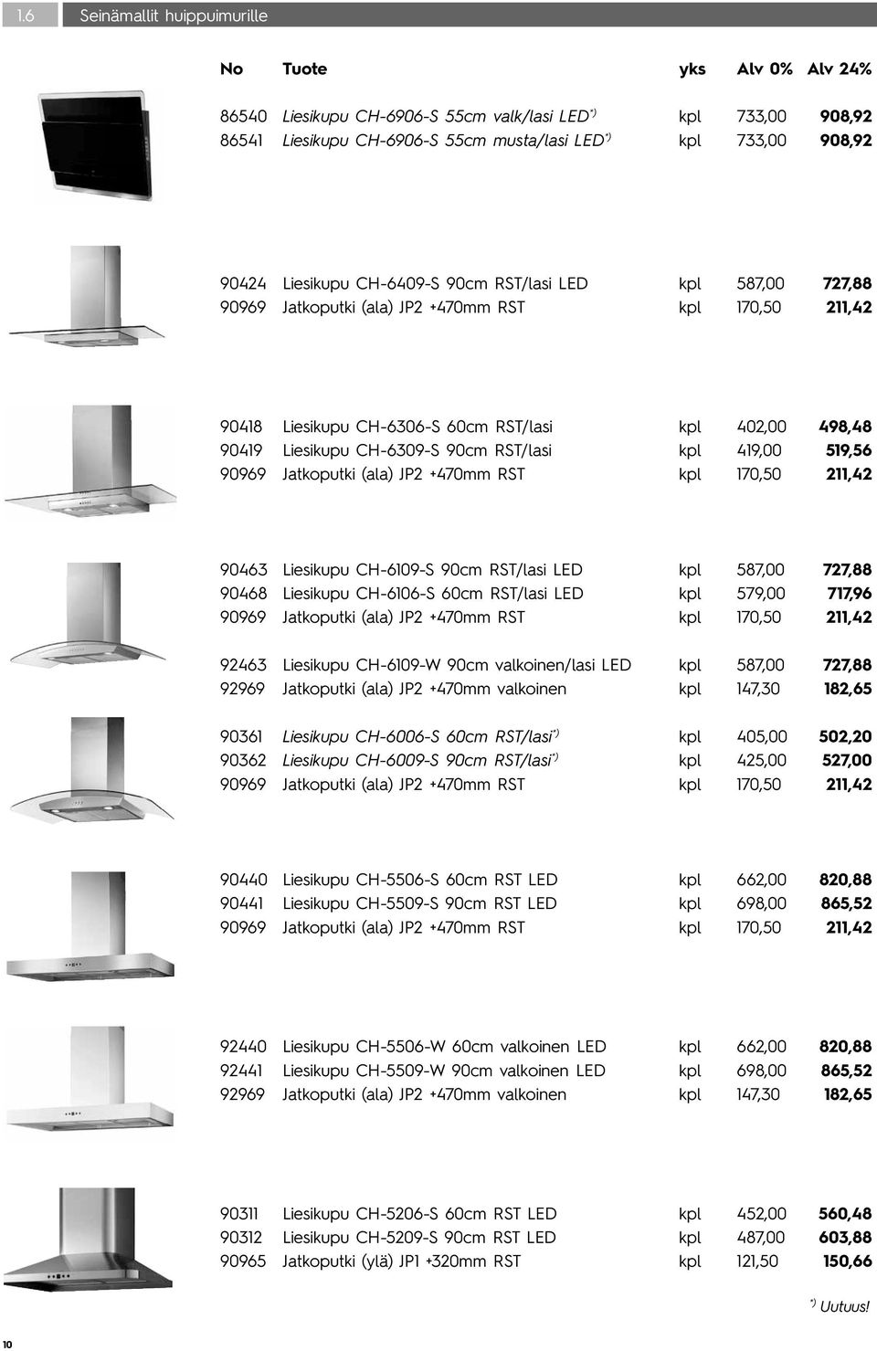 Jatkoputki (ala) JP2 +470mm RST kpl 170,50 211,42 90463 Liesikupu CH-6109-S 90cm RST/lasi LED kpl 587,00 727,88 90468 Liesikupu CH-6106-S 60cm RST/lasi LED kpl 579,00 717,96 90969 Jatkoputki (ala)