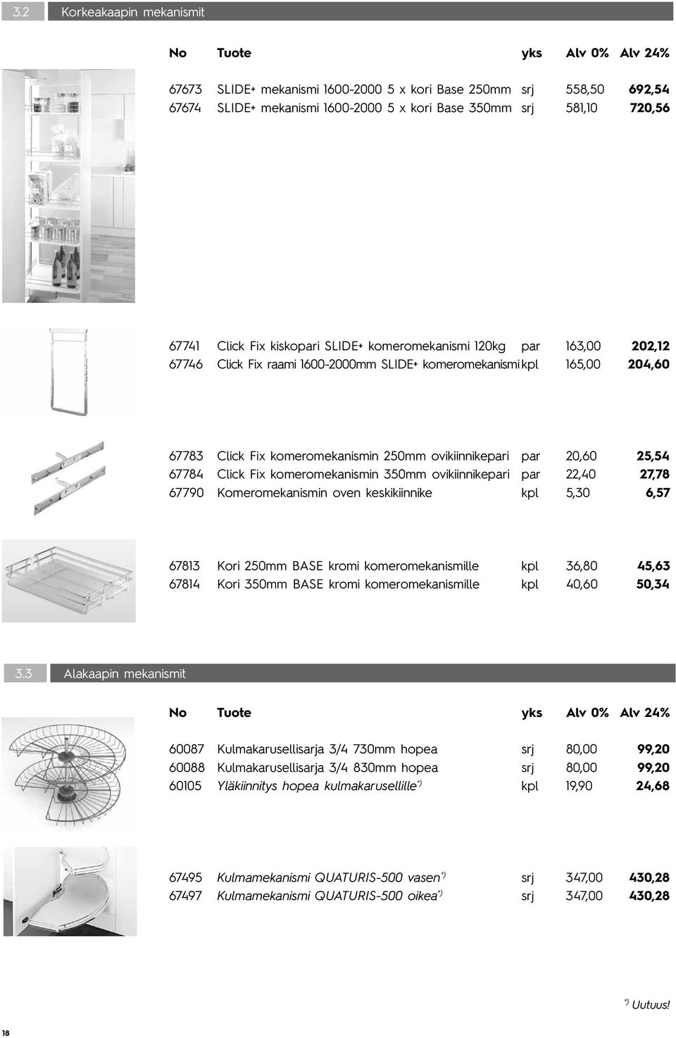 Click Fix komeromekanismin 350mm ovikiinnikepari par 22,40 27,78 67790 Komeromekanismin oven keskikiinnike kpl 5,30 6,57 67813 Kori 250mm BASE kromi komeromekanismille kpl 36,80 45,63 67814 Kori