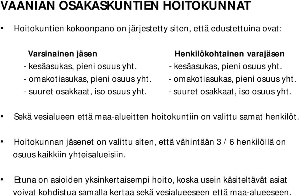 - suuret osakkaat, iso osuus yht. Sekä vesialueen että maa-alueitten hoitokuntiin on valittu samat henkilöt.