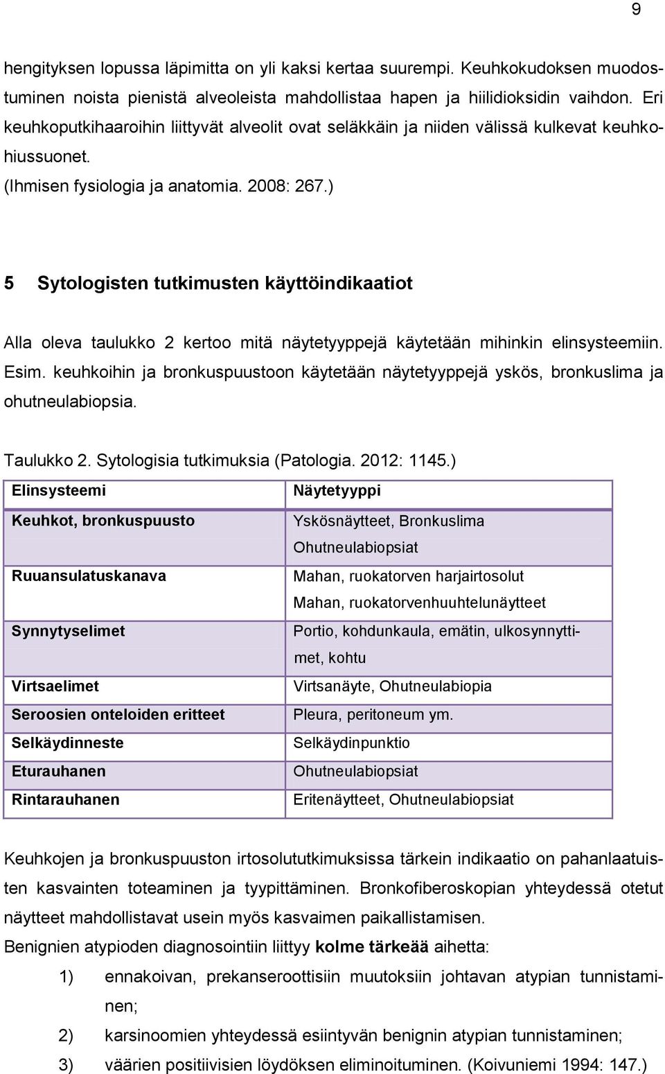 ) 5 Sytologisten tutkimusten käyttöindikaatiot Alla oleva taulukko 2 kertoo mitä näytetyyppejä käytetään mihinkin elinsysteemiin. Esim.