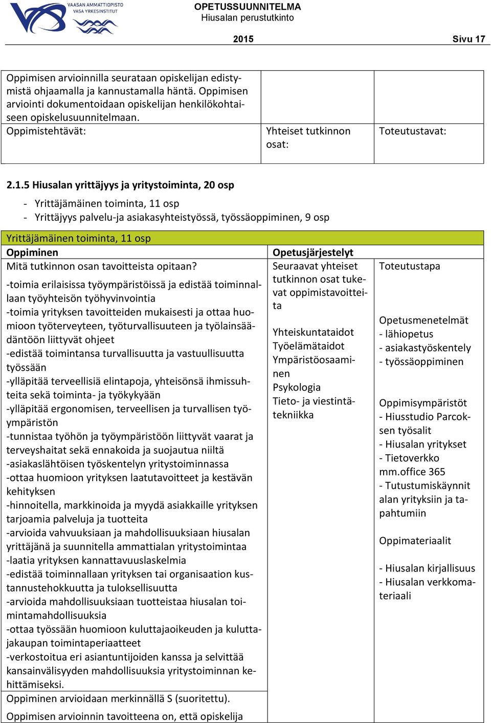 5 Hiusalan yrittäjyys ja yritystoiminta, 20 osp - Yrittäjämäinen toiminta, 11 osp - Yrittäjyys palvelu-ja asiakasyhteistyössä, työssäoppiminen, 9 osp Yrittäjämäinen toiminta, 11 osp Mitä tutkinnon