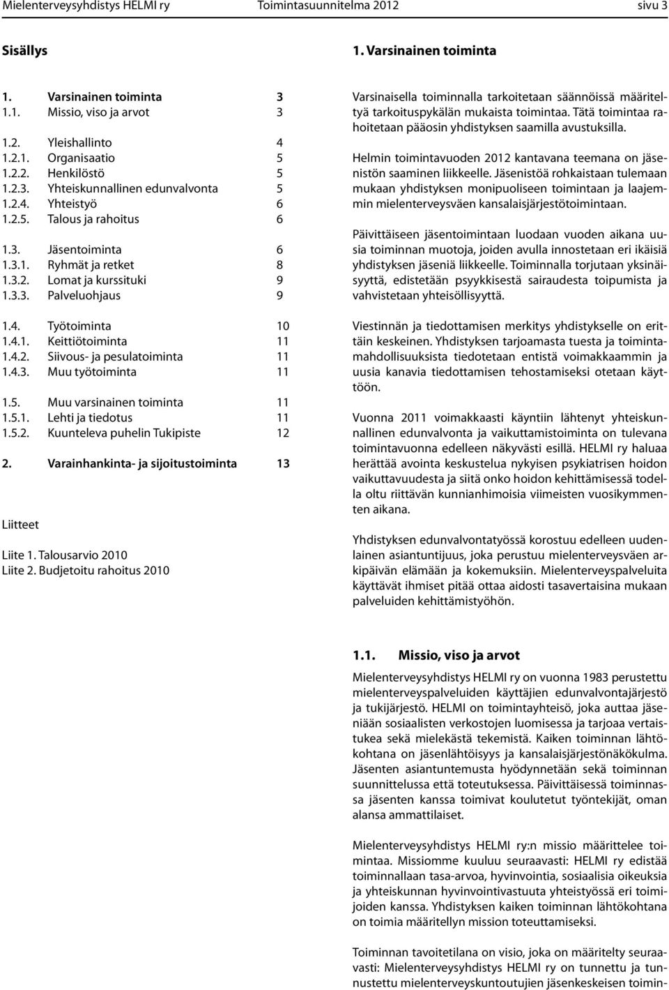 4.1. Keittiötoiminta 11 1.4.2. Siivous- ja pesulatoiminta 11 1.4.3. Muu työtoiminta 11 1.5. Muu varsinainen toiminta 11 1.5.1. Lehti ja tiedotus 11 1.5.2. Kuunteleva puhelin Tukipiste 12 2.