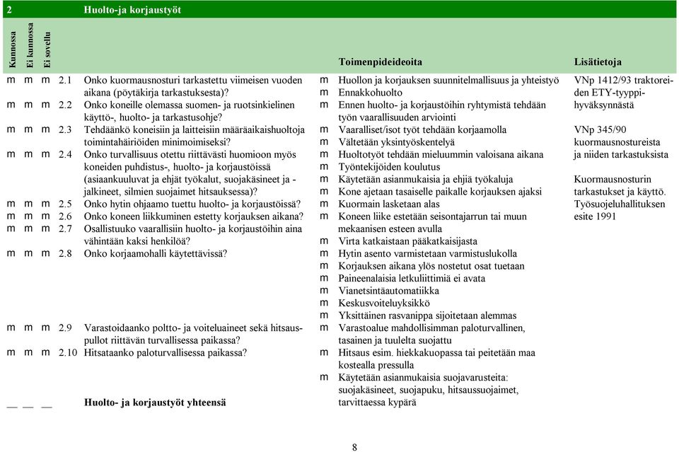 työn vaarallisuuden arviointi m m m 2.3 Tehdäänkö koneisiin ja laitteisiin määräaikaishuoltoja m Vaaralliset/isot työt tehdään korjaamolla VNp 345/90 toimintahäiriöiden minimoimiseksi?