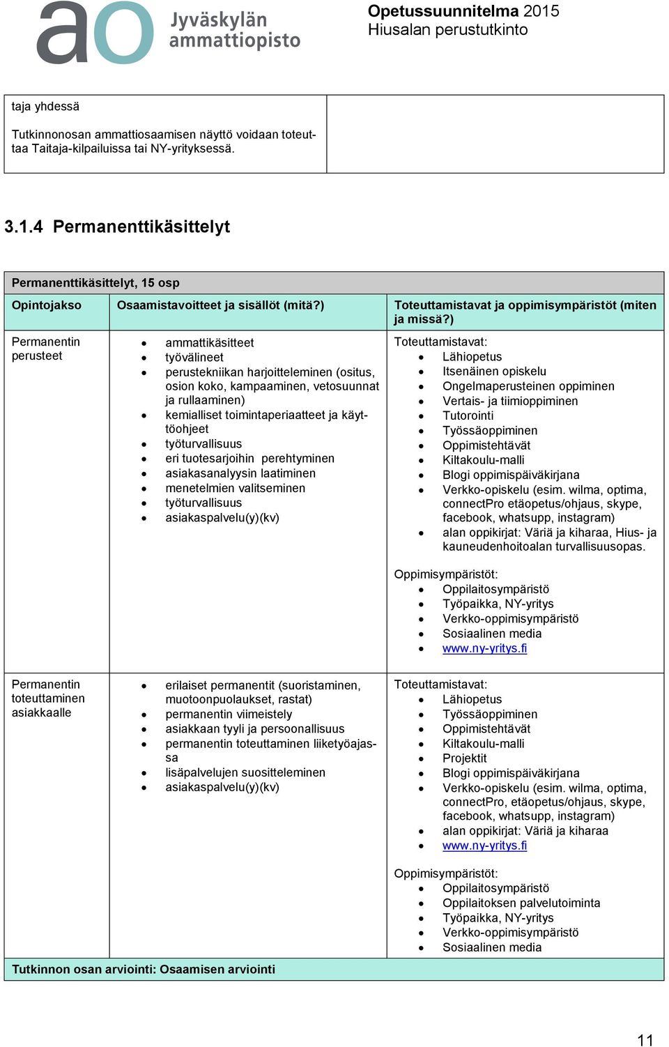 ) Permanentin perusteet ammattikäsitteet työvälineet perustekniikan harjoitteleminen (ositus, osion koko, kampaaminen, vetosuunnat ja rullaaminen) kemialliset toimintaperiaatteet ja käyttöohjeet