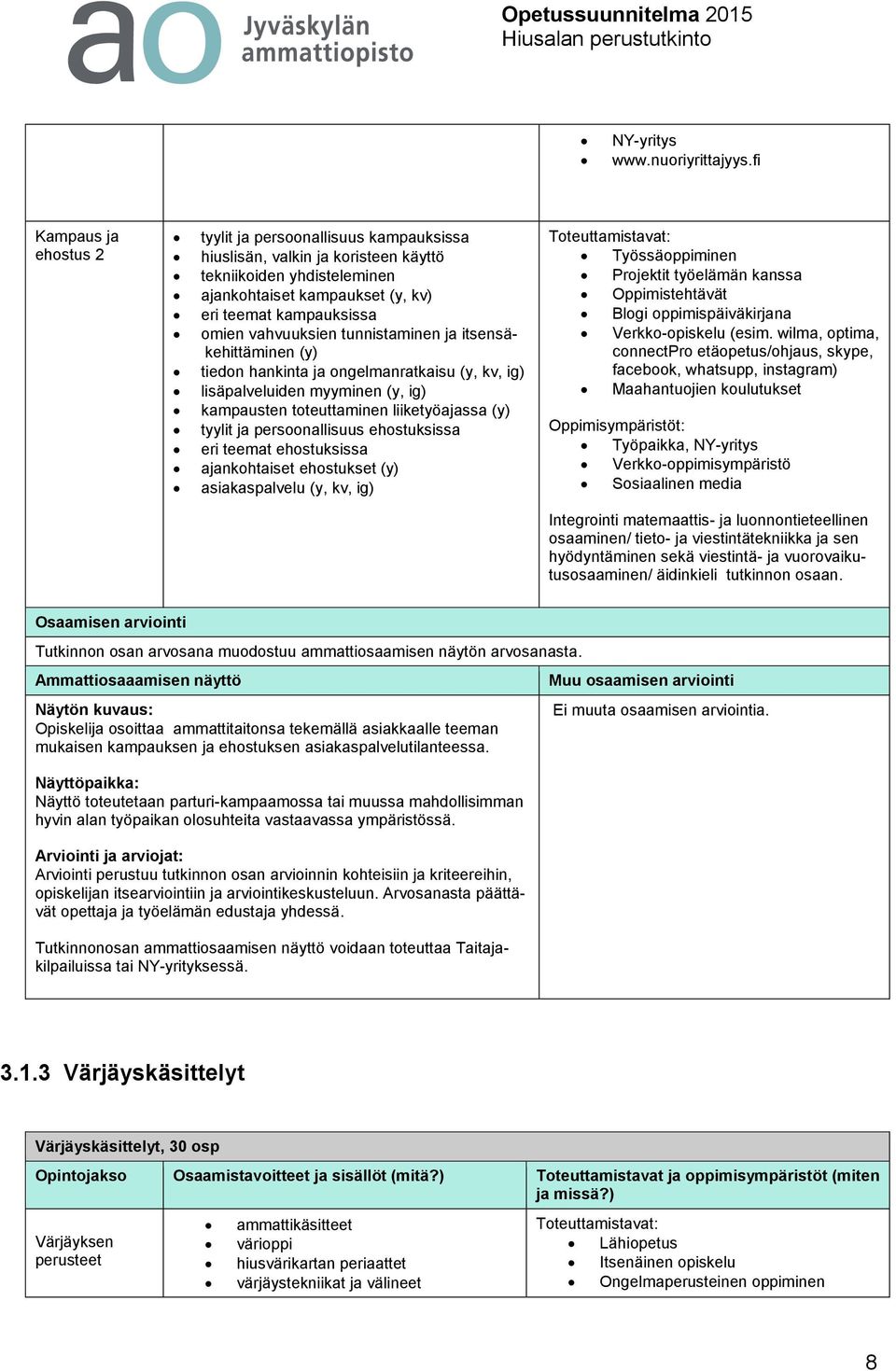 vahvuuksien tunnistaminen ja itsensäkehittäminen (y) tiedon hankinta ja ongelmanratkaisu (y, kv, ig) lisäpalveluiden myyminen (y, ig) kampausten toteuttaminen liiketyöajassa (y) tyylit ja