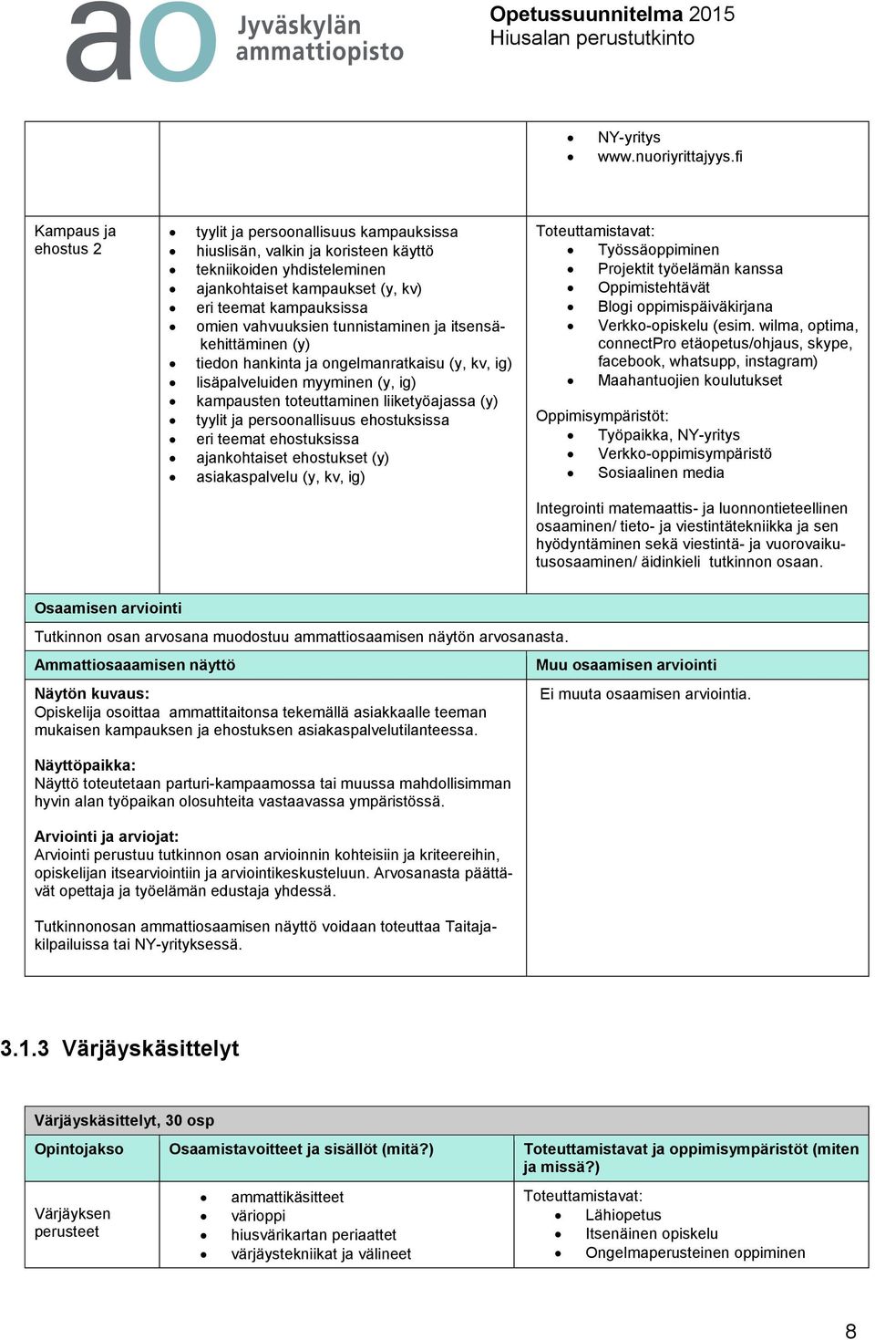 vahvuuksien tunnistaminen ja itsensäkehittäminen (y) tiedon hankinta ja ongelmanratkaisu (y, kv, ig) lisäpalveluiden myyminen (y, ig) kampausten toteuttaminen liiketyöajassa (y) tyylit ja