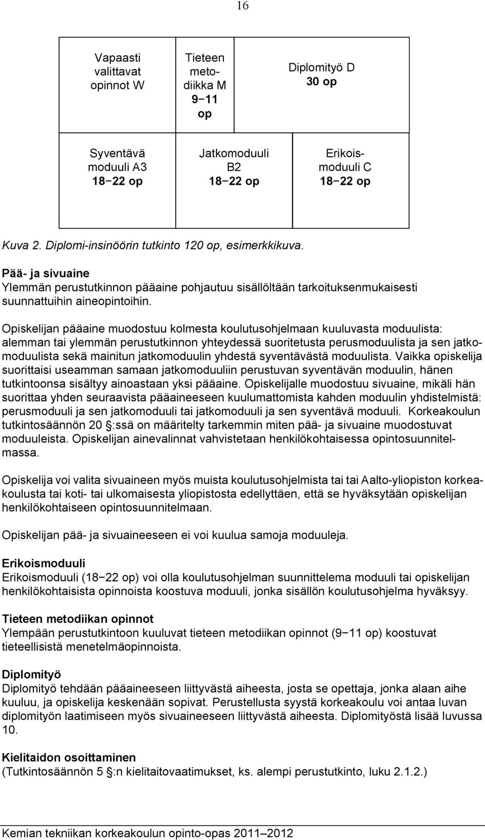 Opiskelijan pääaine muodostuu kolmesta koulutusohjelmaan kuuluvasta moduulista: alemman tai ylemmän perustutkinnon yhteydessä suoritetusta perusmoduulista ja sen jatkomoduulista sekä mainitun