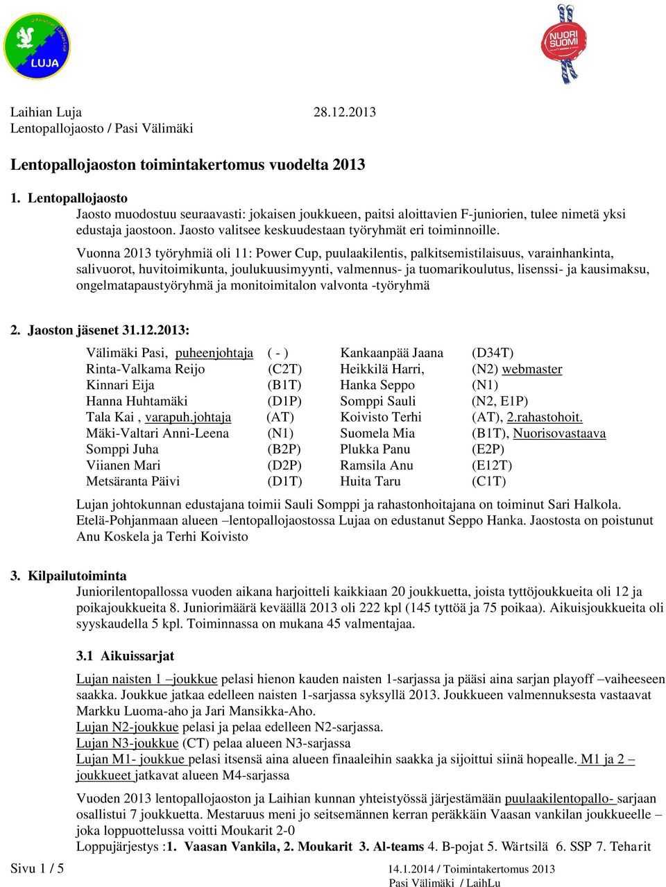 Vuonna 2013 työryhmiä oli 11: Power Cup, puulaakilentis, palkitsemistilaisuus, varainhankinta, salivuorot, huvitoimikunta, joulukuusimyynti, valmennus- ja tuomarikoulutus, lisenssi- ja kausimaksu,