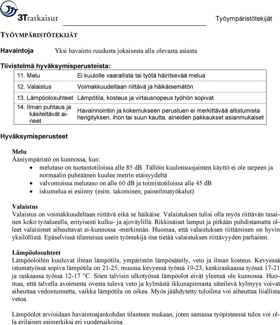 Ilman puhtaus ja käsiteltävät aineet Havainnointiin ja kokemukseen perustuen ei merkittävää altistumista hengityksen, ihon tai suun kautta, aineiden pakkaukset asianmukaiset Melu Ääniympäristö on