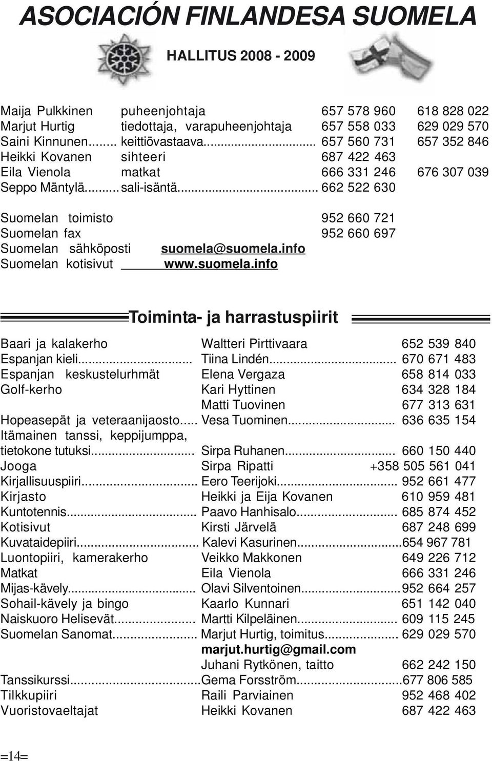 .. 662 522 630 Suomelan toimisto 952 660 721 Suomelan fax 952 660 697 Suomelan sähköposti suomela@suomela.info Suomelan kotisivut www.suomela.info Toiminta- ja harrastuspiirit Baari ja kalakerho Waltteri Pirttivaara 652 539 840 Espanjan kieli.