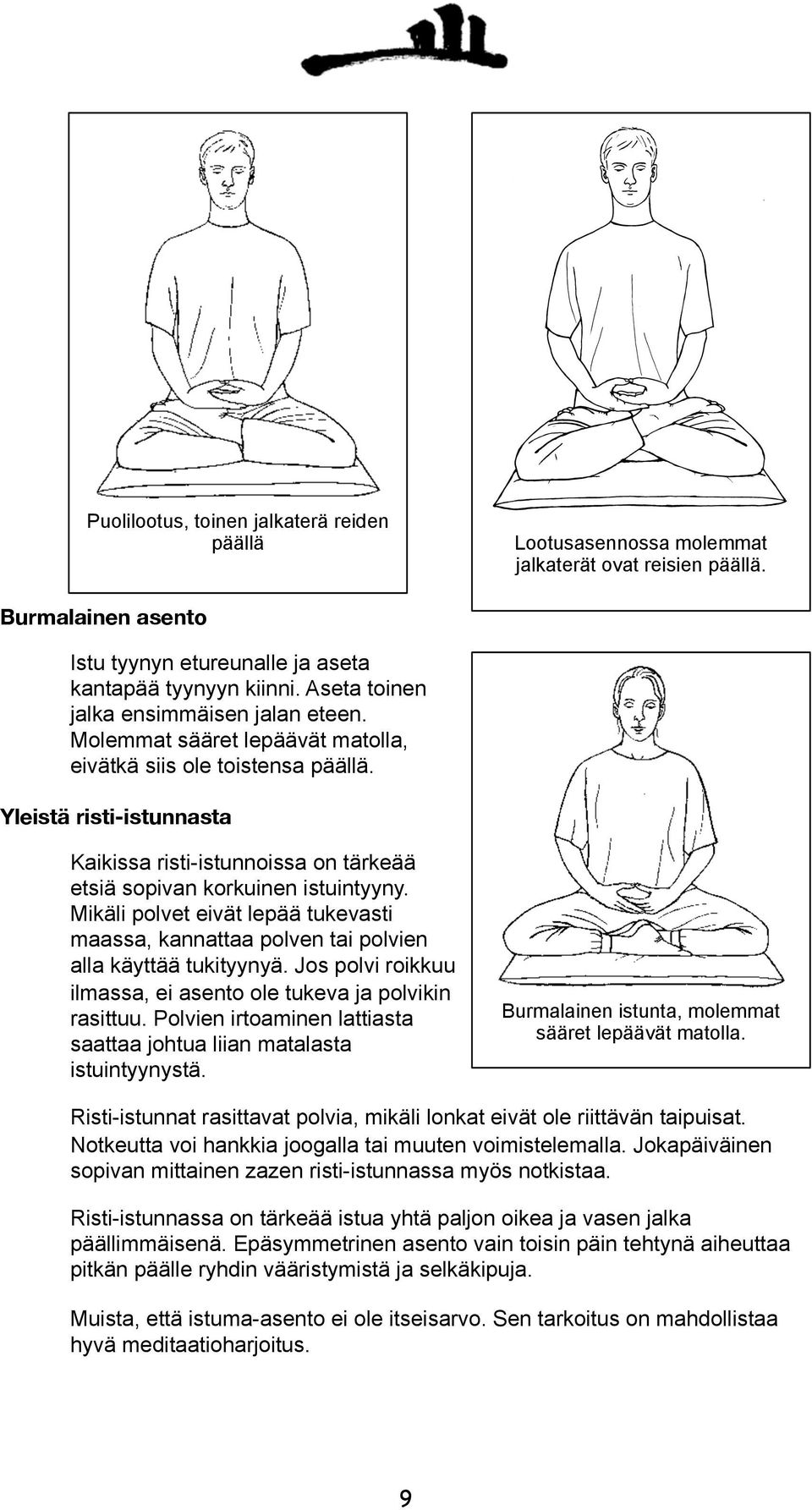 Yleistä risti-istunnasta Kaikissa risti-istunnoissa on tärkeää etsiä sopivan korkuinen istuintyyny. Mikäli polvet eivät lepää tukevasti maassa, kannattaa polven tai polvien alla käyttää tukityynyä.