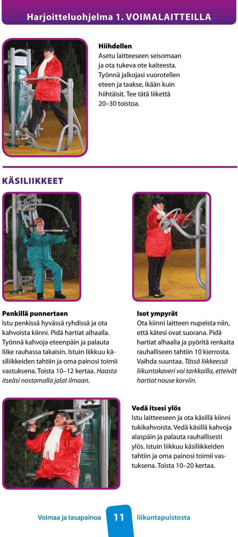 Työnnä kahvoja eteenpäin ja palauta liike rauhassa takaisin. Istuin liikkuu käsiliikkeiden tahtiin ja oma painosi toimii vastuksena. Toista 10 12 kertaa. Haasta itseäsi nostamalla jalat ilmaan.
