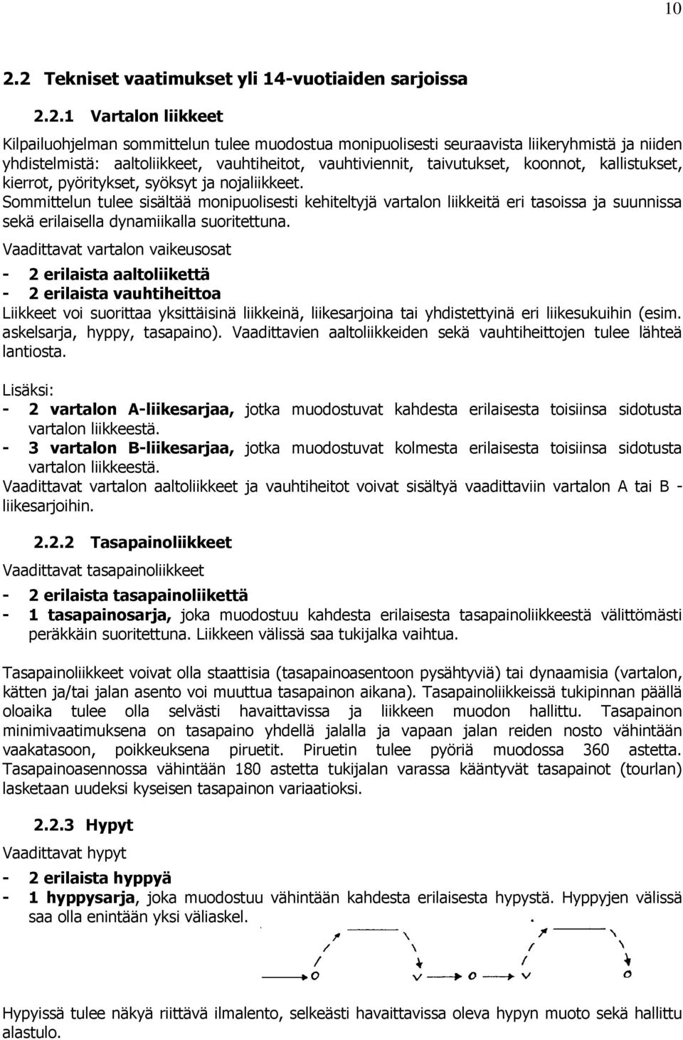 Sommittelun tulee sisältää monipuolisesti kehiteltyjä vartalon liikkeitä eri tasoissa ja suunnissa sekä erilaisella dynamiikalla suoritettuna.