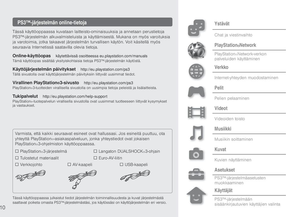 Online-käyttöopas käytettävissä osoitteessa eu.playstation.com/manuals Tämä käyttöopas sisältää yksityiskohtaisia tietoja PS3 -järjestelmän käytöstä. Käyttöjärjestelmän päivitykset http://eu.
