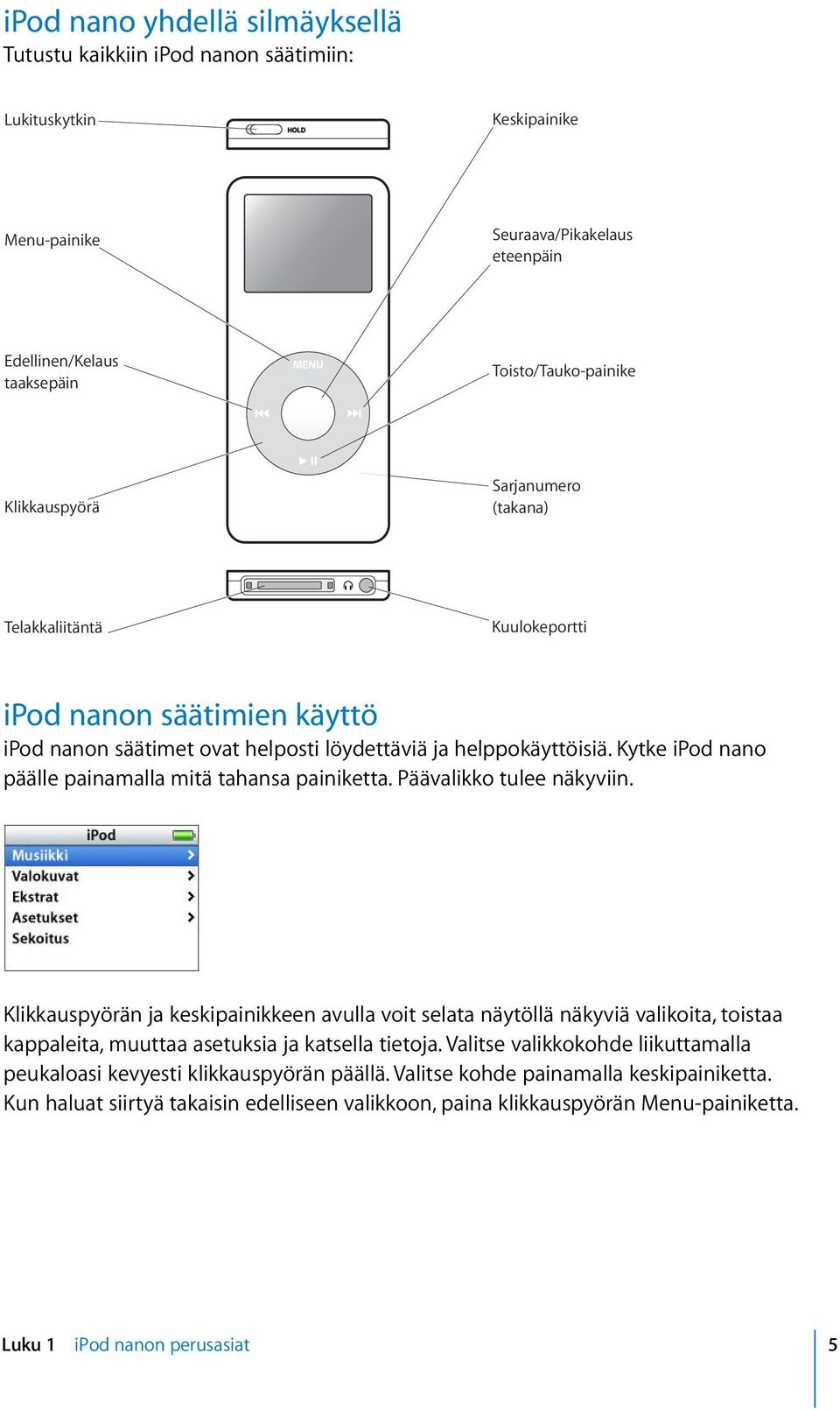 Kytke ipod nano päälle painamalla mitä tahansa painiketta. Päävalikko tulee näkyviin.