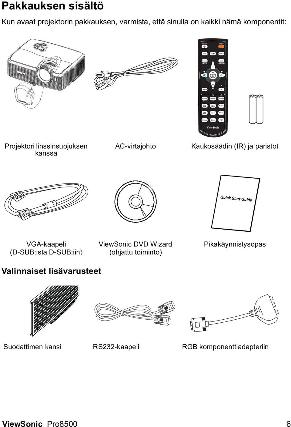 VGA-kaapeli (D-SUB:ista D-SUB:iin) ViewSonic DVD Wizard (ohjattu toiminto) Pikakäynnistysopas