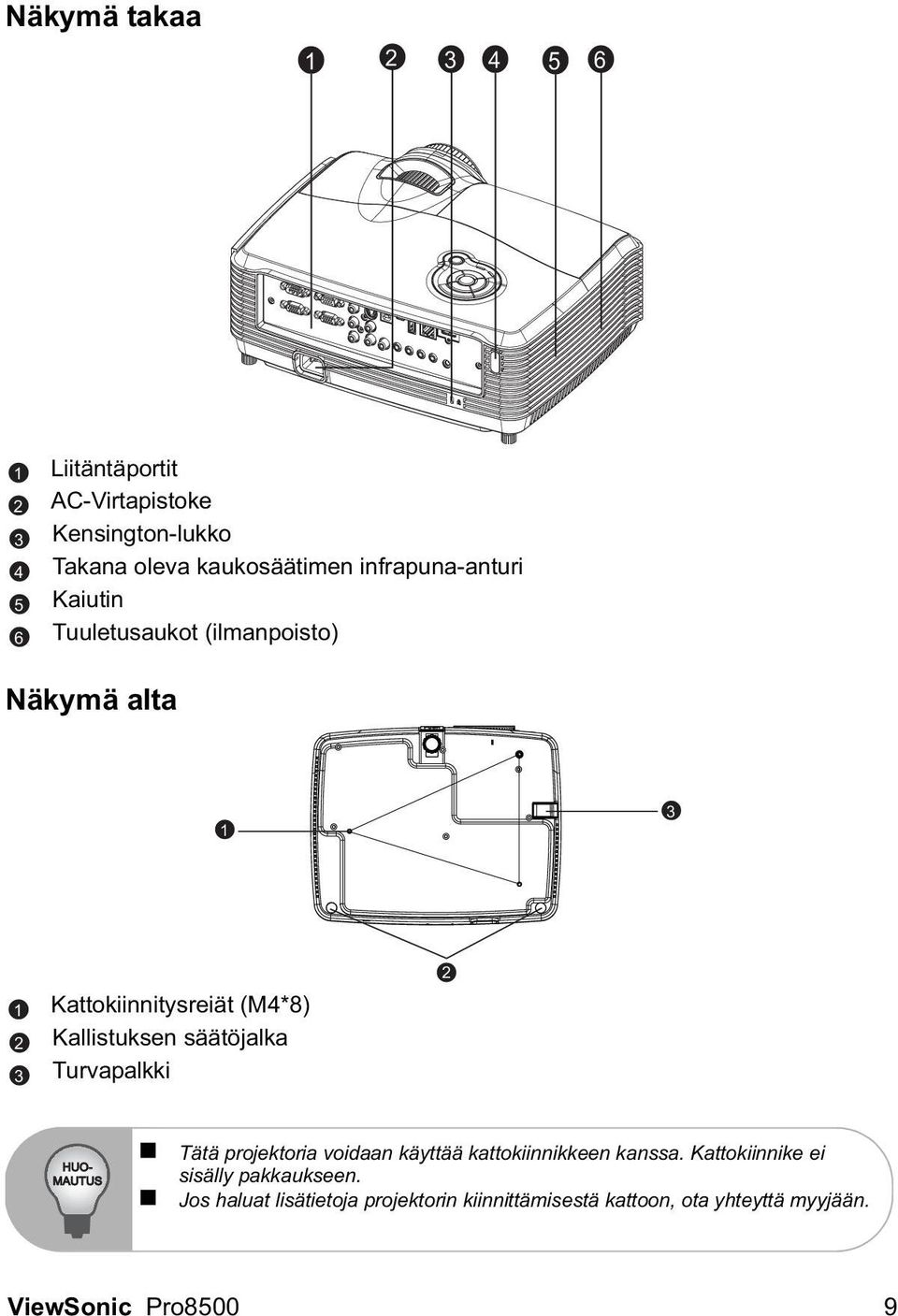 säätöjalka Turvapalkki 2 HUO- MAUTUS Tätä projektoria voidaan käyttää kattokiinnikkeen kanssa.