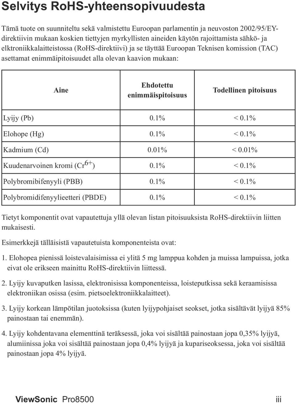 Polybromibifenyyli (PBB) Polybromidifenyylieetteri (PBDE) mukaisesti. Esimerkkejä tälläisistä vapautetuista komponenteista ovat: 1.