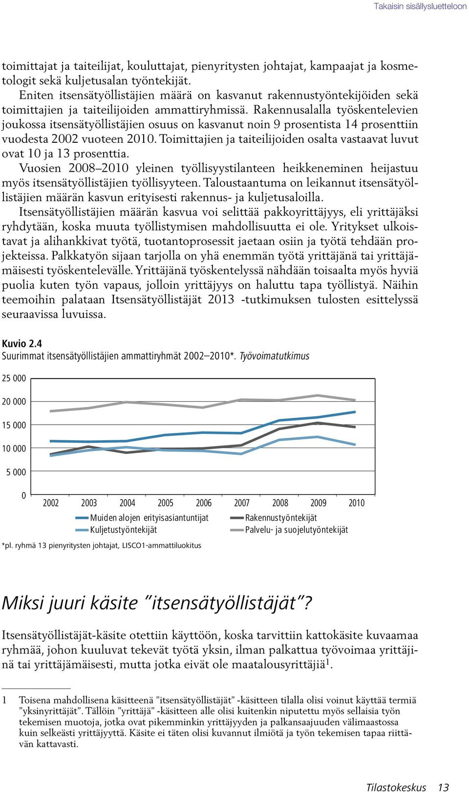 Rakennusalalla työskentelevien joukossa itsensätyöllistäjien osuus on kasvanut noin 9 prosentista 14 prosenttiin vuodesta 2002 vuoteen 2010.