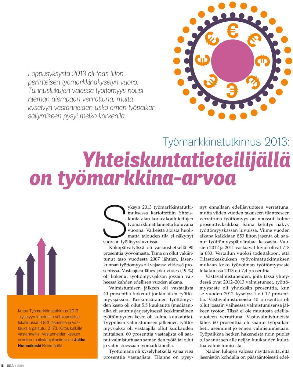 Työmarkkinatutkimus 2013: Yhteiskuntatieteilijällä on työmarkkina-arvoa 18 URA 1-2014 Kutsu Työmarkkinatutkimus 2013 -kyselyyn lähetettiin sähköpostitse lokakuussa 8 931 jäsenelle ja vastauksia