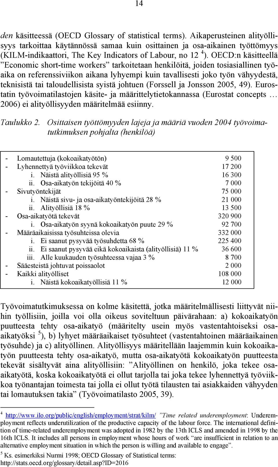 OECD:n käsitteellä Economic short-time workers tarkoitetaan henkilöitä, joiden tosiasiallinen työaika on referenssiviikon aikana lyhyempi kuin tavallisesti joko työn vähyydestä, teknisistä tai