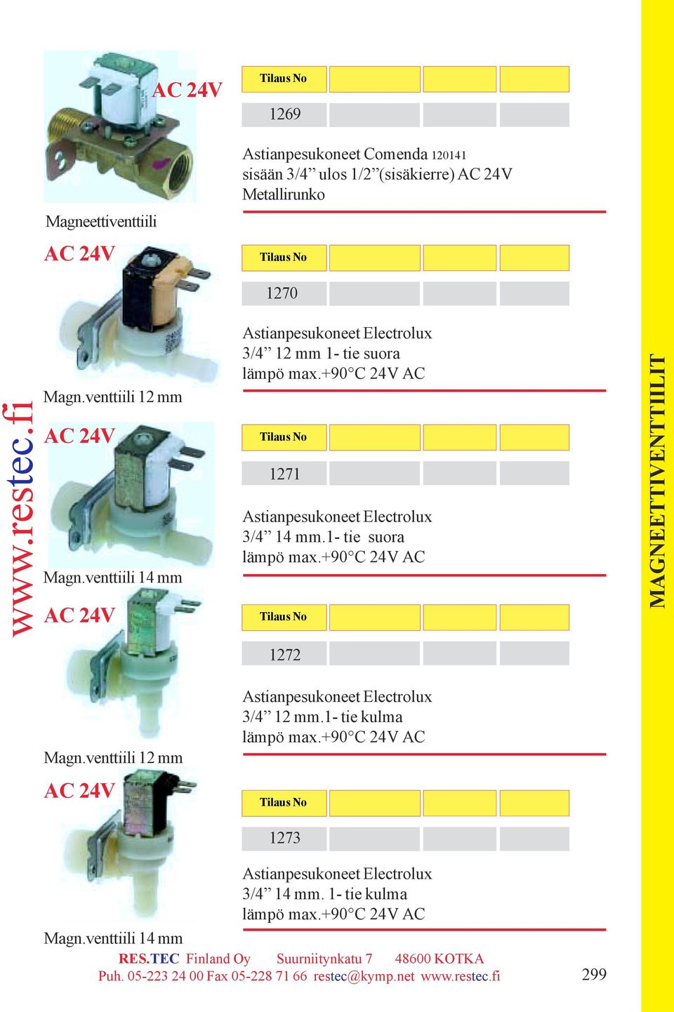 +90 C 24V AC 1271 Astianpesukoneet Electrolux 3/4 14 mm.1- tie suora lämpö max.+90 C 24V AC 1272 Magn.