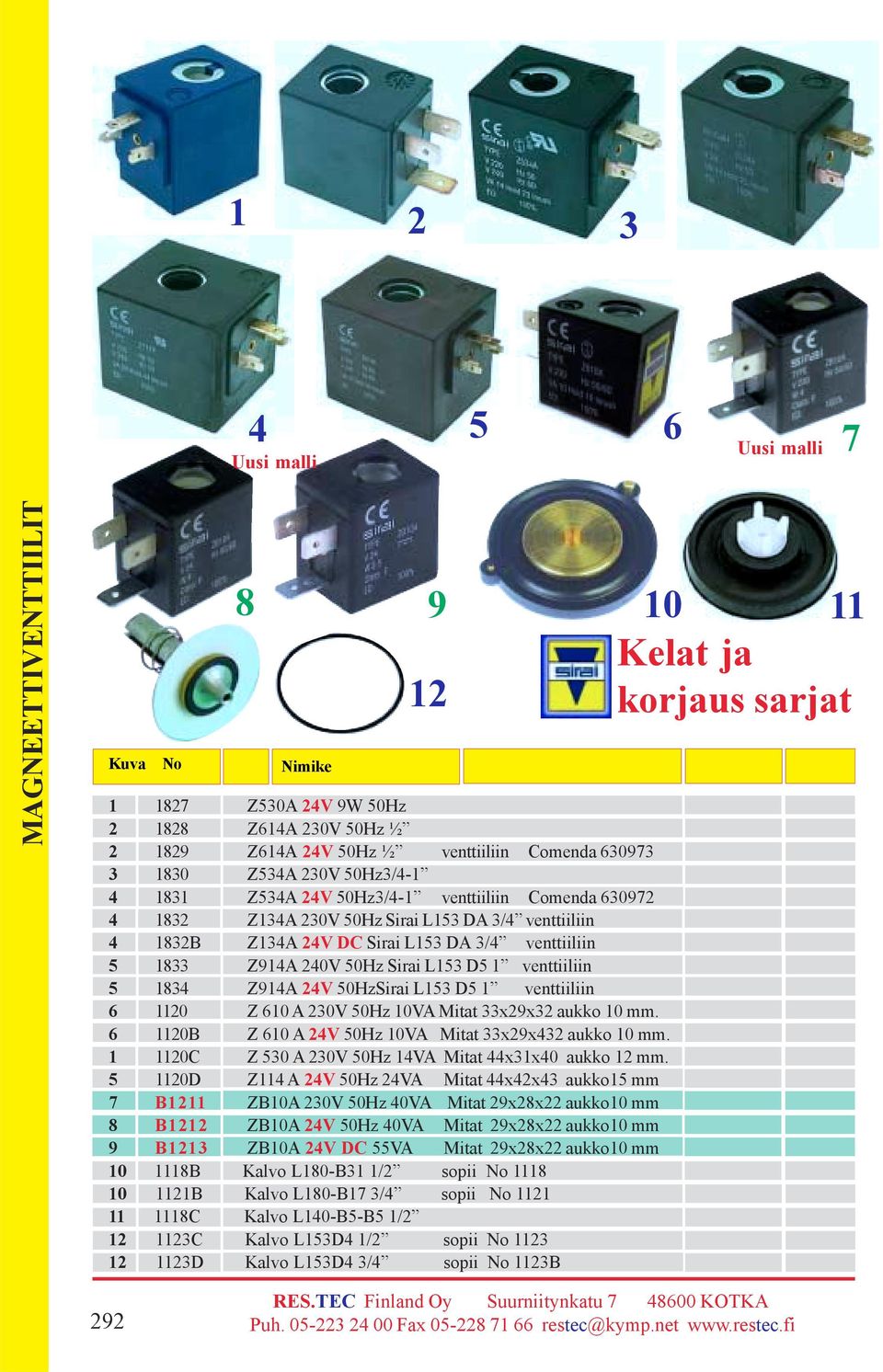 24V 50Hz3/4-1 venttiiliin Comenda 630972 4 1832 Z134A 230V 50Hz Sirai L153 DA 3/4 venttiiliin 4 1832B Z134A 24V DC Sirai L153 DA 3/4 venttiiliin 5 1833 Z914A 240V 50Hz Sirai L153 D5 1 venttiiliin 5