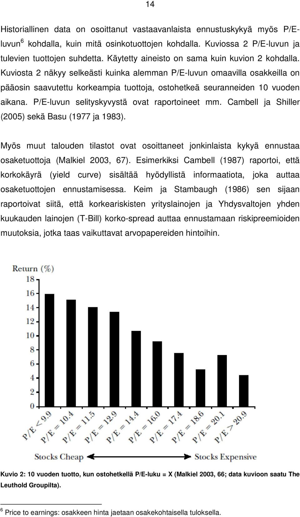 Kuviosta 2 näkyy selkeästi kuinka alemman P/E-luvun omaavilla osakkeilla on pääosin saavutettu korkeampia tuottoja, ostohetkeä seuranneiden 10 vuoden aikana.