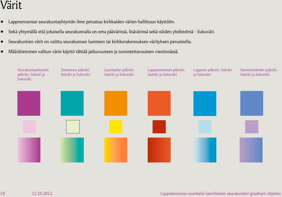 Seurakuntien värit on valittu seurakunnan luonteen tai kirkkorakennuksen värityksen perusteella.