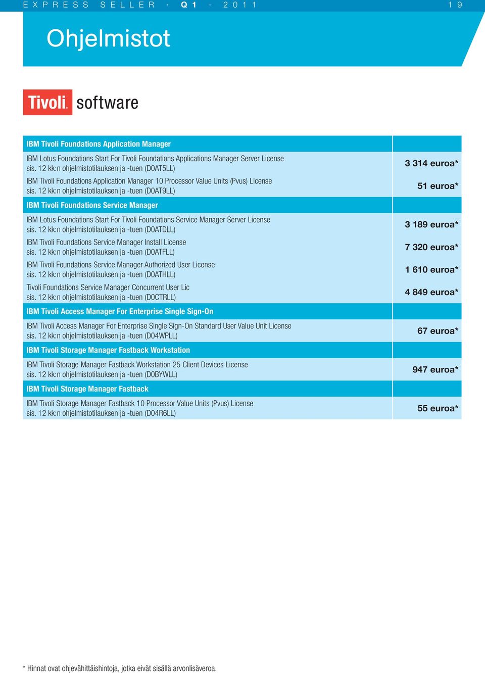 12 kk:n ohjelmistotilauksen ja -tuen (D0AT9LL) IBM Tivoli Foundations Service Manager IBM Lotus Foundations Start For Tivoli Foundations Service Manager Server License sis.