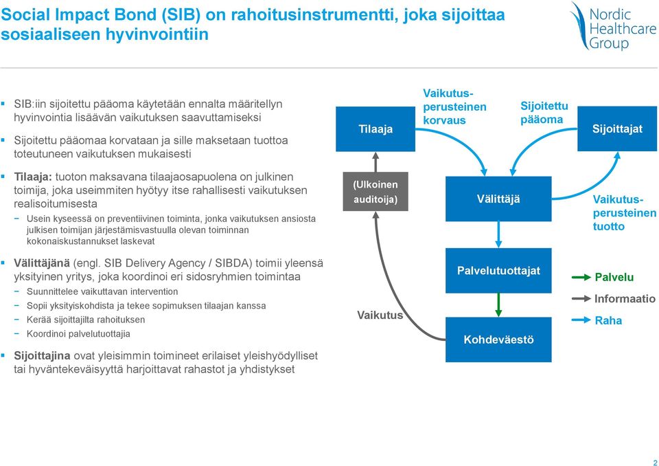 tilaajaosapuolena on julkinen toimija, joka useimmiten hyötyy itse rahallisesti vaikutuksen realisoitumisesta Usein kyseessä on preventiivinen toiminta, jonka vaikutuksen ansiosta julkisen toimijan